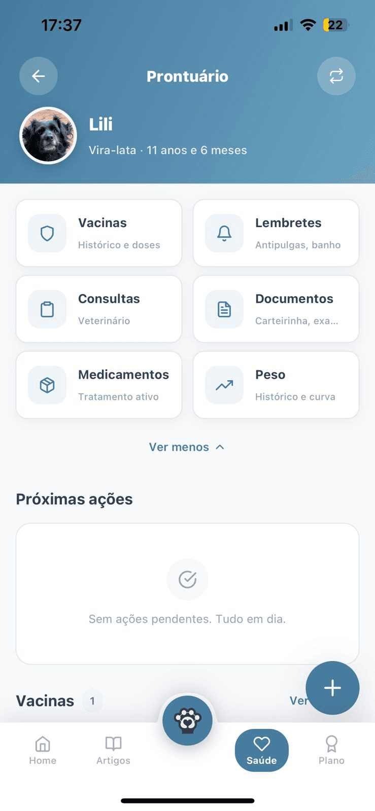 Tela do prontuário do pet no aplicativo PetJourney