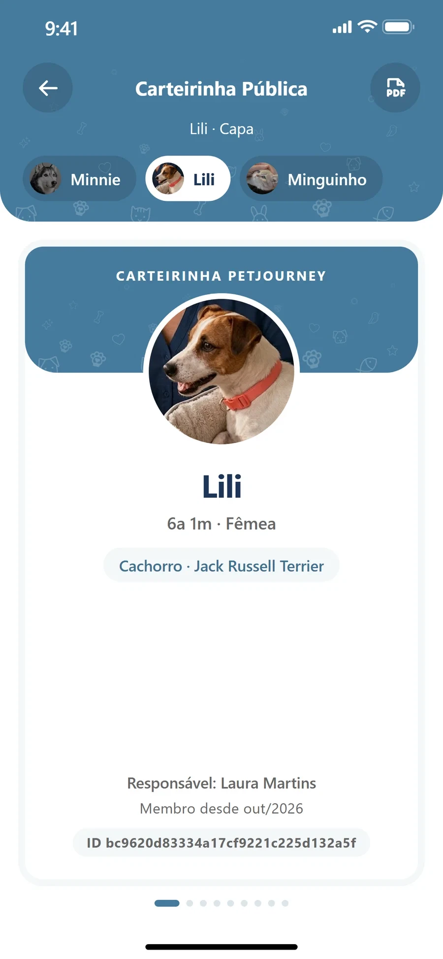 Carteirinha digital do pet no aplicativo, com foto, espécie e responsável