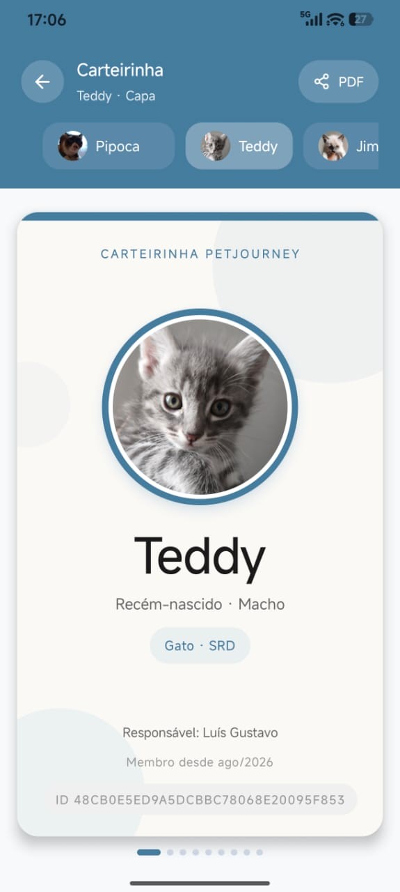 Carteirinha digital do pet no aplicativo, com foto, espécie e responsável