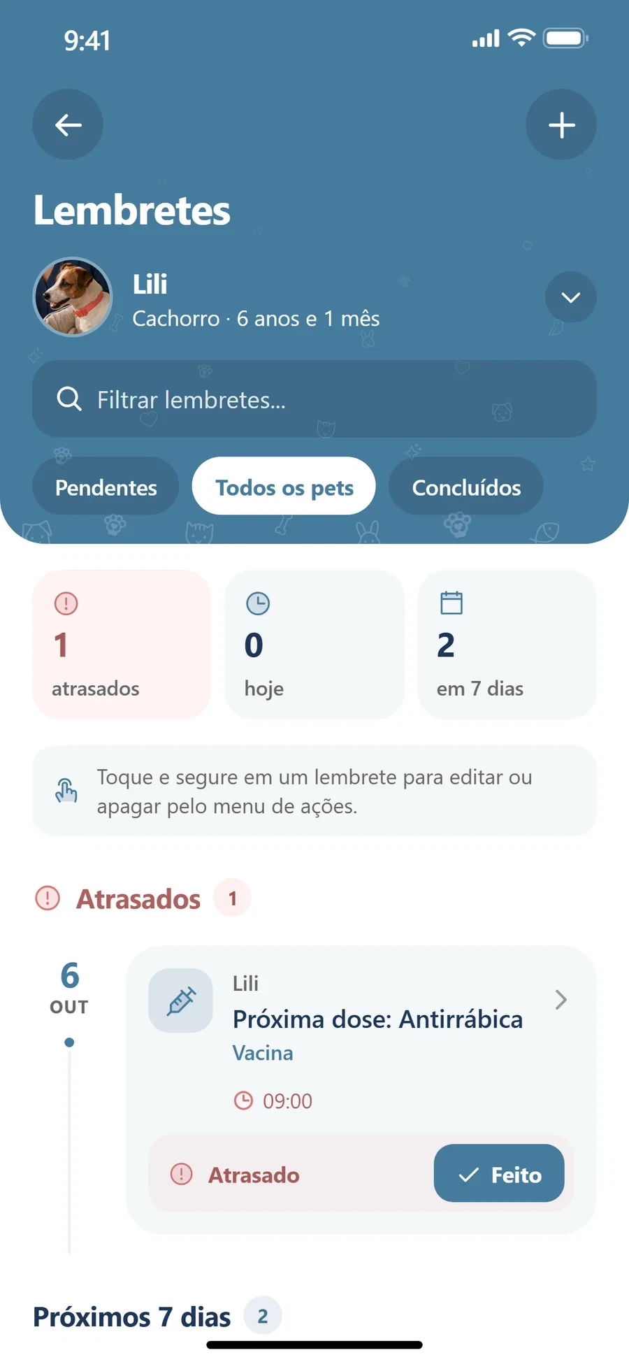 Tela de lembretes do aplicativo, com vermífugo, banho e antipulgas agendados