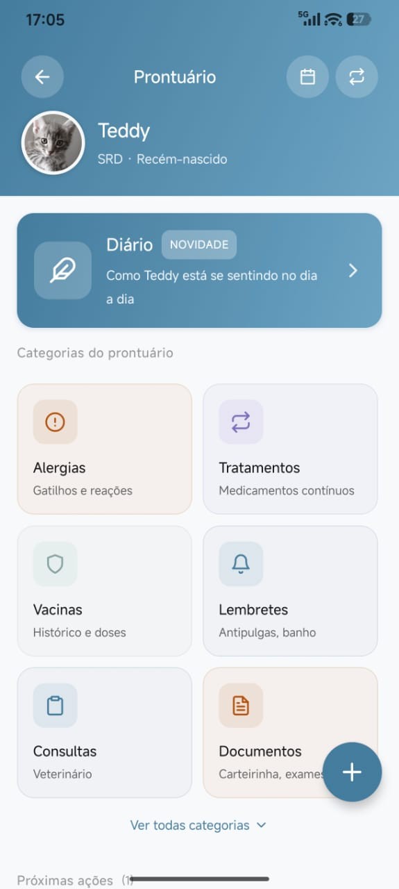 Prontuário do pet no aplicativo, com alergias, tratamentos, vacinas, consultas e documentos