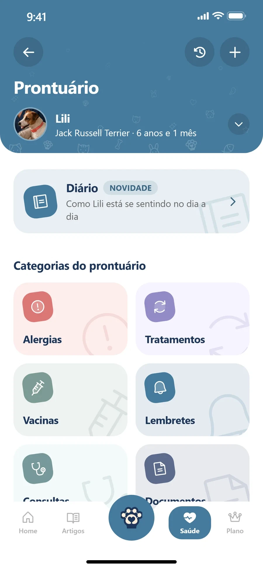 Prontuário do pet no aplicativo, com alergias, tratamentos, vacinas, consultas e documentos