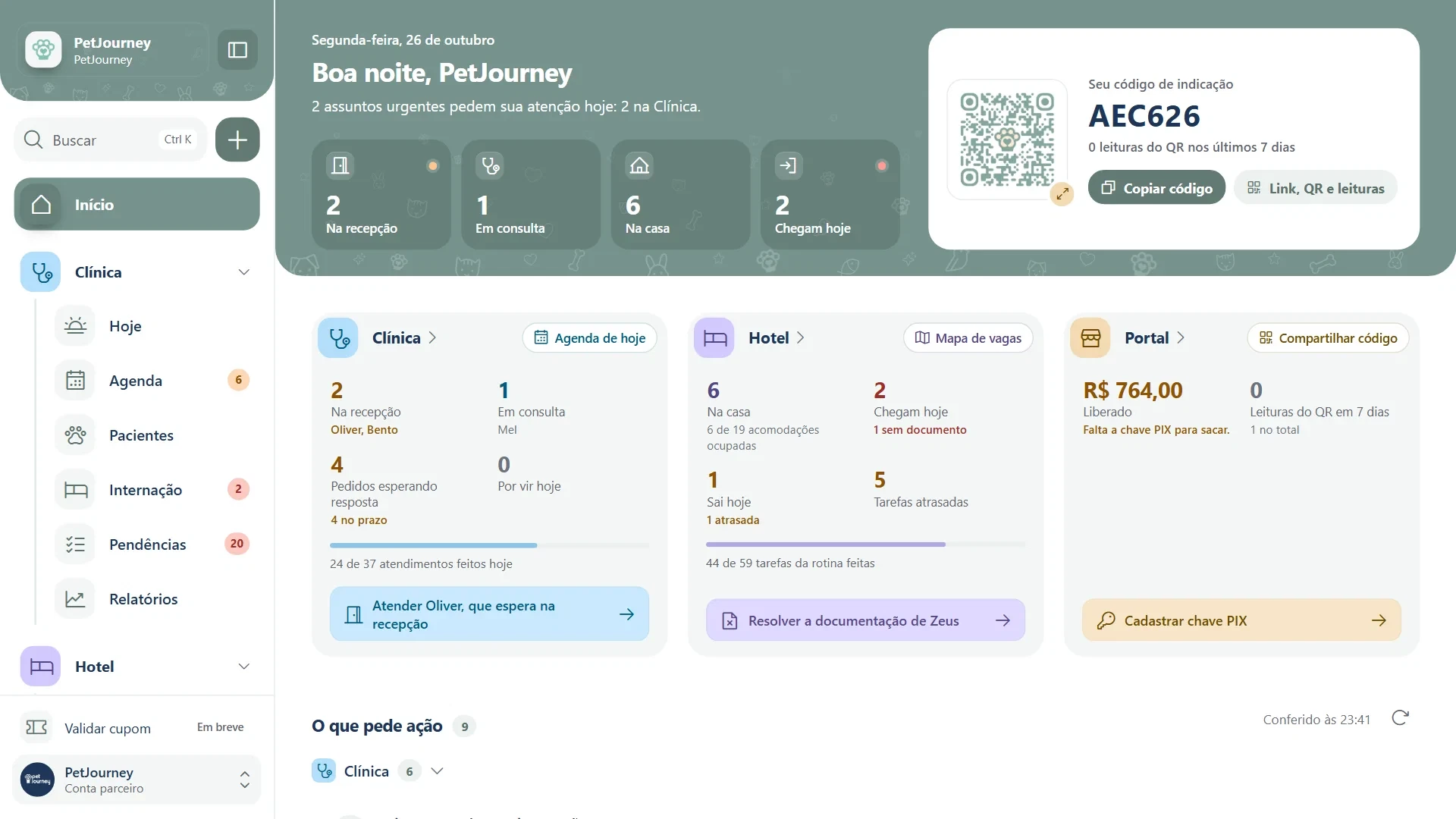 Visão geral do portal do parceiro PetJourney, com assuntos que pedem ação, módulos, agenda e ganhos de indicação.