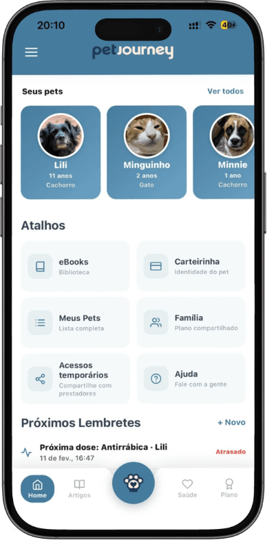 Tela inicial do aplicativo PetJourney no celular