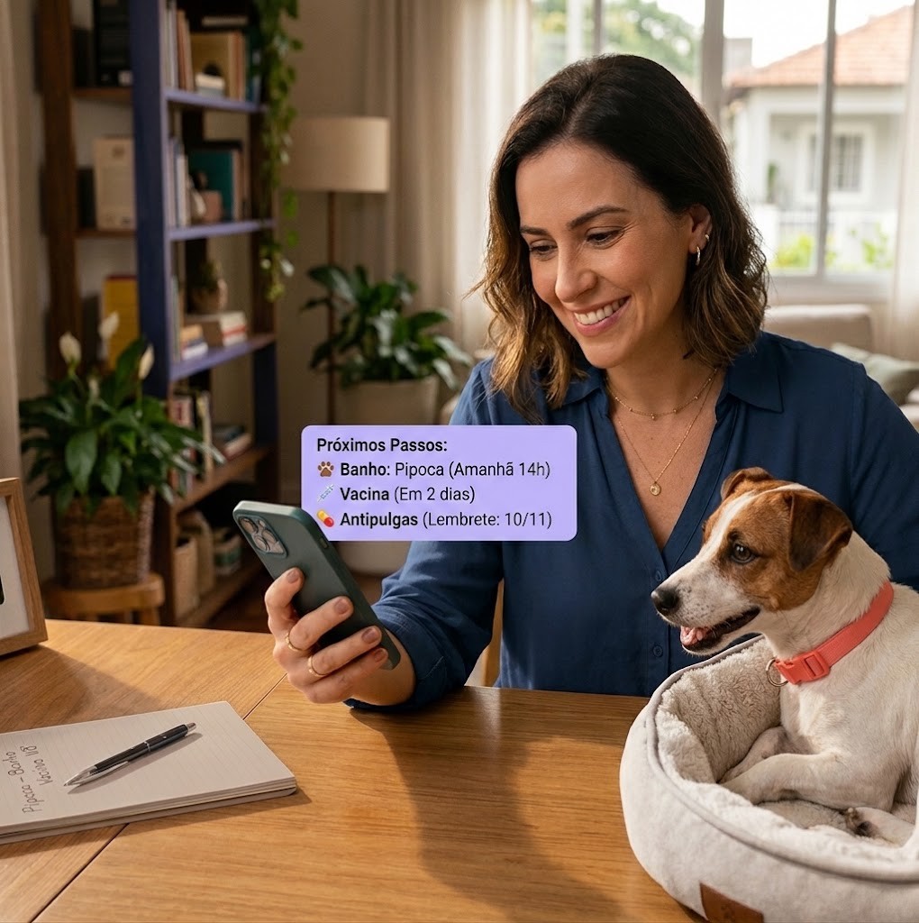 Responsável consultando os próximos cuidados do pet no celular, com o cachorro ao lado