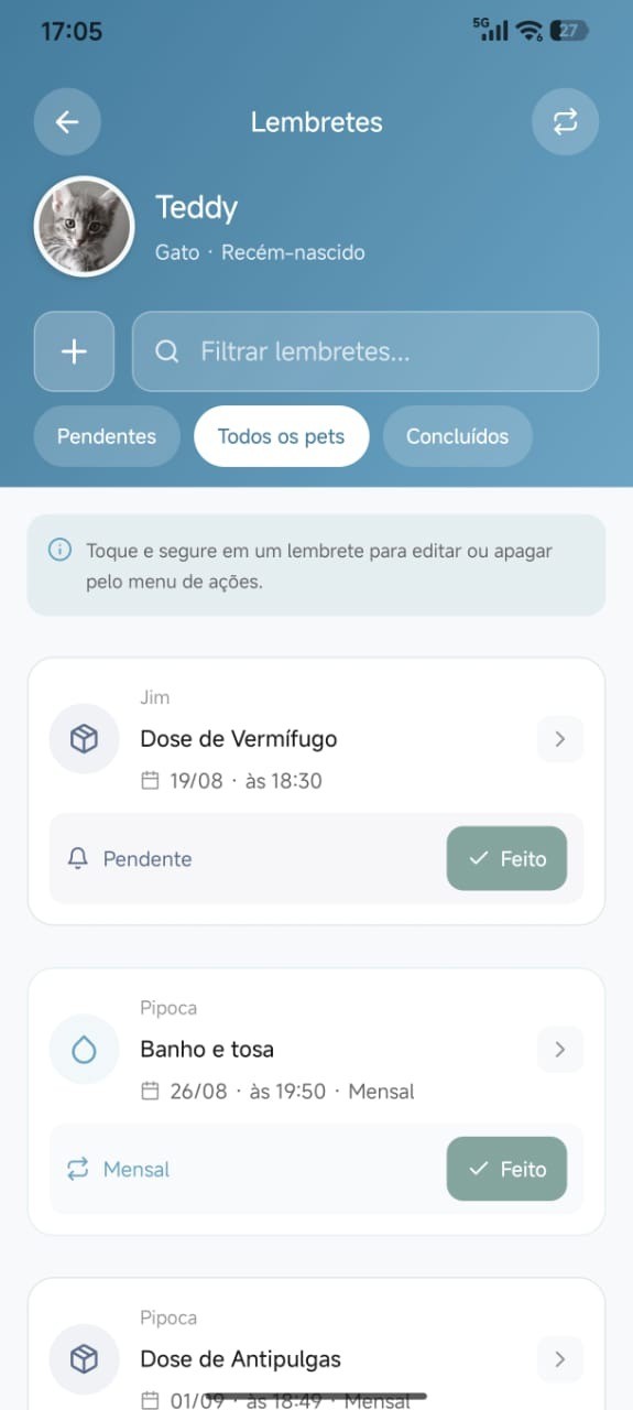 Tela de lembretes do aplicativo, com vermífugo, banho e antipulgas agendados